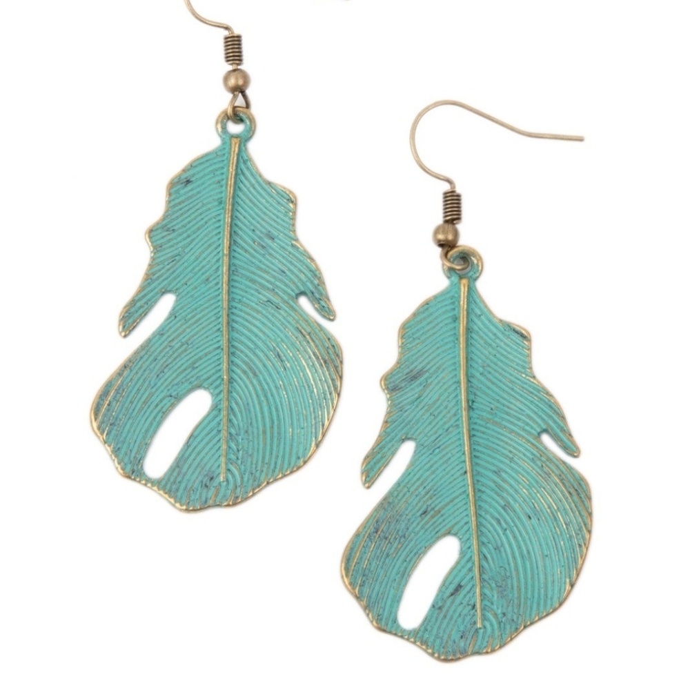 Paparazzi Turquoise and Gold Leaf Earrings Heads QUIL Roll Brass Fashion